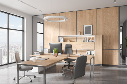 Wooden office interior with consulting zone and armchairs, panoramic window