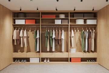 Fototapeta na wymiar Light wooden walk in closet interior with wardrobe