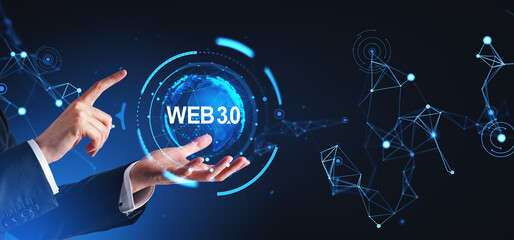Man hands interacting with web 3.0 interface