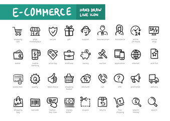 E-commerce hand writting line web icon set. Outline icons collection. Simple vector illustration. Online shopping, delivery, payment.
