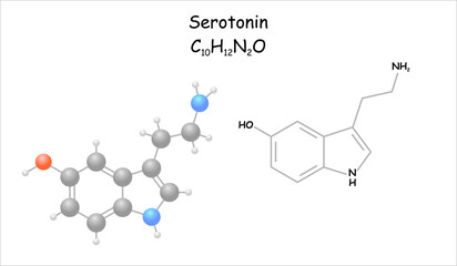 Stylized molecule model/structural formula of the neurotransmitter hormone serotonin.