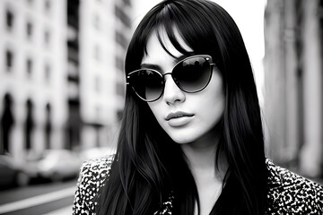 Young pretty woman in sunglasses black and white image ai generative