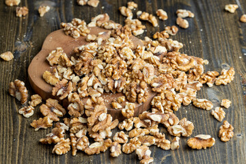 Walnut kernel on the kitchen table during cooking