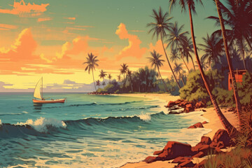 Drawing retro tropical beach summer background. Graphic illustration design. Generative ai.