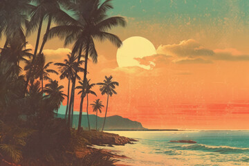 Drawing retro tropical beach summer background. Graphic illustration design. Generative ai.