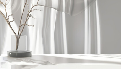 Free Photo Empty white counter table, soft, smooth blowing sheer fabric curtain drapery, tree branch.