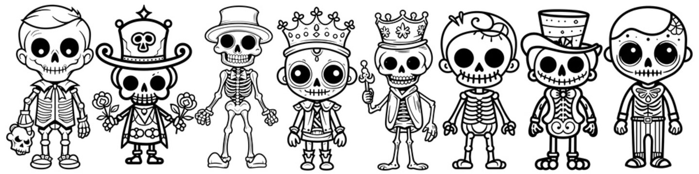 Set of black lineal cute cartoon skeleton halloween black bone evil illustration, Skeleton Coloring pages for kids ,Isolated PNG