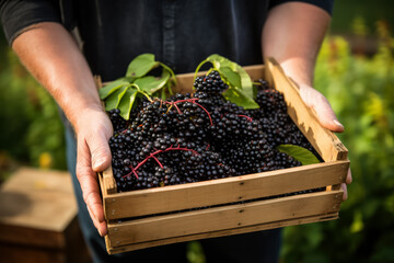 Hands holding a crate with harvested elderberries