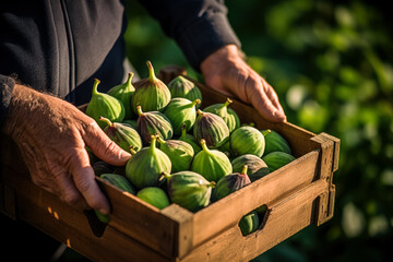 Hands holding a crate with harvested figs