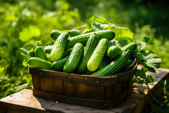 Crate with harvested cucumbers