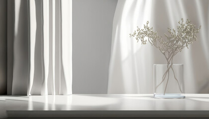 Free Photo Empty white counter table, soft, smooth blowing sheer fabric curtain drapery, tree branch.