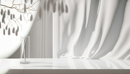 Free Photo Empty white counter table, soft, smooth blowing sheer fabric curtain drapery, tree branch.