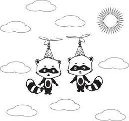 Flying on Sky Raccoon Kids Coloring Page 