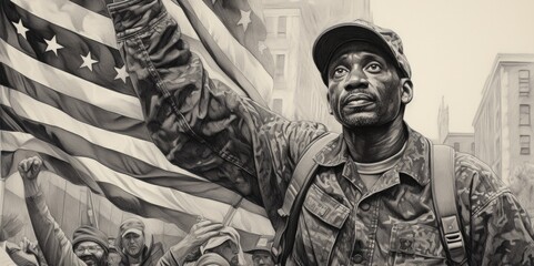 Respect and Gratitude: Detailed Pencil Sketch of a Homeless Veteran Saluting, generative ai