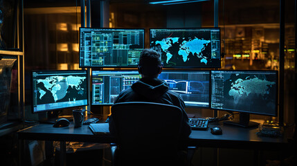 Unrecognizable man sitting against computer monitors in dark room of hacker base.
