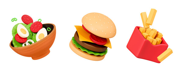 3D Fastfood set icon with Burger, Salad and French fries. Floating street food. Trendy cartoon emoji for menu and restaurant. Cartoon creative design icon isolated on white background. 3D Rendering