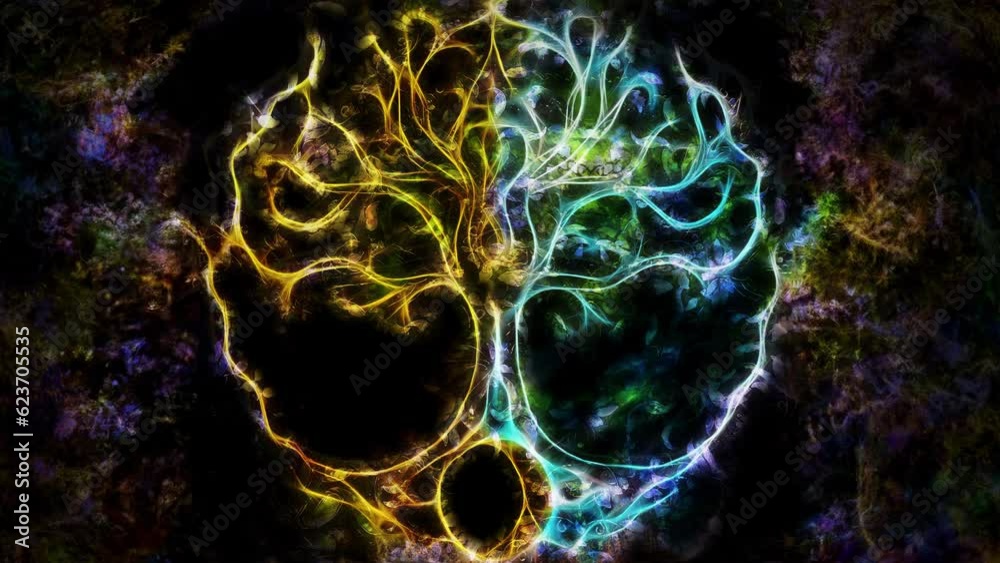Poster tree of life symbol on structured ornamental background, yggdrasil. Fractal effect. Loop Animation.