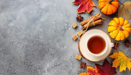 Hot tea with fall foliage, pumpkins, cinnamon sticks and star anise. Colorful autumn leaves for happiness mood. Grey stone table, top view