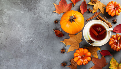 Hot tea with fall foliage, pumpkins, cinnamon sticks and star anise. Colorful autumn leaves for happiness mood. Grey stone table, top view