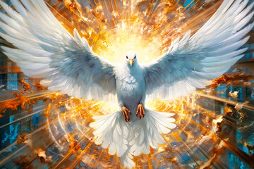 Graphic and biblical representation of the Holy Spirit in the form of a dove. AI generativ.