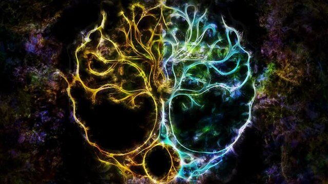 tree of life symbol on structured ornamental background, yggdrasil. Fractal effect. Loop Animation.