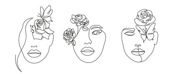 Vector Set of Line Art Woman Faces with Flowers. Female Face Linear Collection Minimalist Trendy Contemporary Style, Perfect for Wall Art, Prints, Social Media, Posters, Invitations, Branding Design.