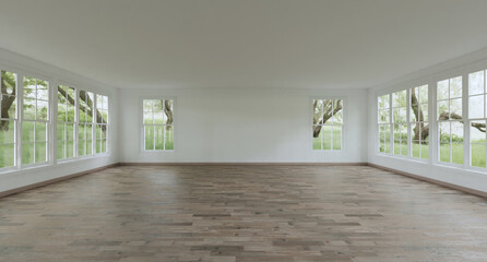 interior of the empty room classic style, with wooden floors and white walls decorated with white wood window. There are looking out to see the nature view in 3D rendering.