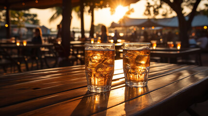 Blur and bokeh of beach bar restaurant for background. Generative Ai.