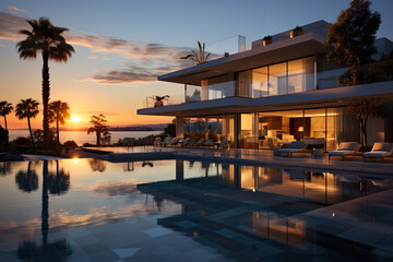 Fototapeta na wymiar Residencial minimalist villa with spetacular swimming pool