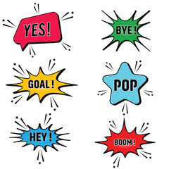 Set of speech bubbles. Set comics book balloon. Bubble speech phrase. Halftone shadows. Cartoon exclusive font label tag expression. Comic text sound effects. Cartoon balloon word design.