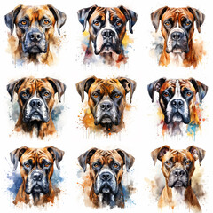 Set of dogs breed Boxer painted in watercolor on a white background in a realistic manner. Ideal for teaching materials, books and designs, postcards, posters.