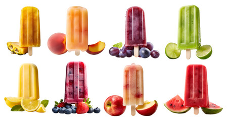 Ice popsicle lolly with fruits toppings on transparent background cutout. PNG file. Many assorted different flavour. Mockup template for artwork design.	
