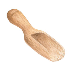 Watercolor illustration of a wooden spatula or scoop for cereals or powders, for flour. Isolated hand drawn illustration
