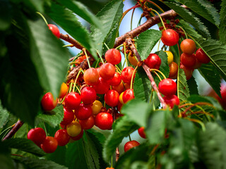 The cherry ripens on the branches. Orange cherry on a tree among green leaves.