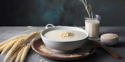 Millet porridge with milk in a bowl on a table. Healthy food