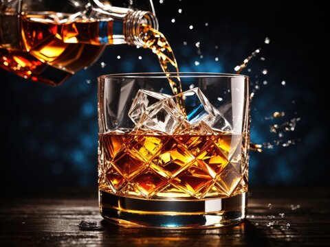 Bottle of Whiskey, the drink is being poured into a crystal glass with ice, Whiskey product photography, studio background, studio lighting, splashing, delicious.