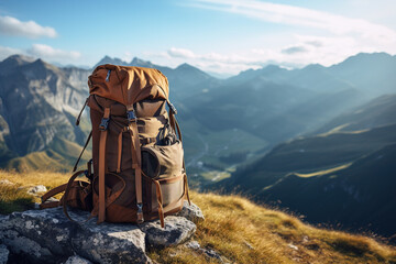 Hiking backpack in mountains. Brown travel bag in nature with copy space. Hike, adventure, tourism concept