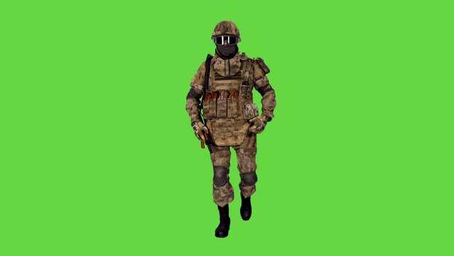 Armed soldier in camouflage and full protective equipment running on green background, Chroma key, 4k pre-keyed footage