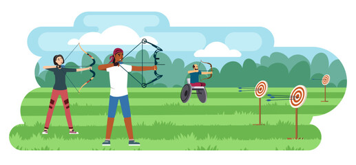 people doing archery. cartoon flat male female characters shooting targets with bows, archery athletes compete, on the training area background. vector illustration - obrazy, fototapety, plakaty