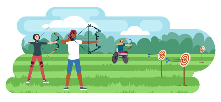 people doing archery. cartoon flat male female characters shooting targets with bows, archery athletes compete, on the training area background. vector illustration