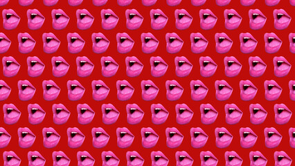 trendy colorful repeating pattern of female lips or mouth on a red background.