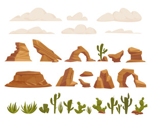 desert landscape items set. dry desert fauna, cacti, dried trees, rocks stones, tumbleweed, green piked plants. vector cartoon constructor - obrazy, fototapety, plakaty