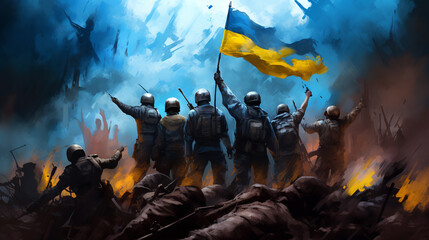 Fototapeta na wymiar soldiers rejoice in war victory, blue and yellow colors.ai generative