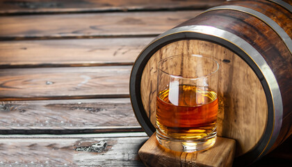 barrel of Scotch whiskey with a glass. On a wooden background.