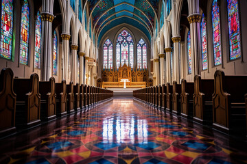ステンドグラスの美しい教会の礼拝堂：AI生成画像