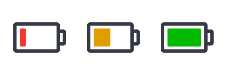 Battery icon set by remaining charge level. Vector.