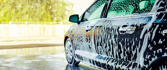 car wash with foam soap car washing service concept