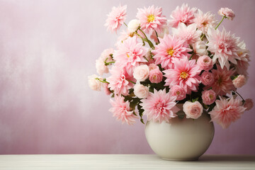 pink bouquet of flowers in a vase on a pastel background. ai generative