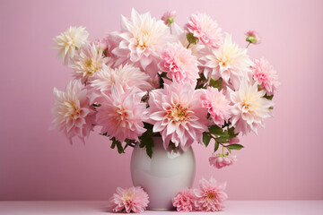 Fototapeta na wymiar pink bouquet of flowers in a vase on a pastel background. ai generative