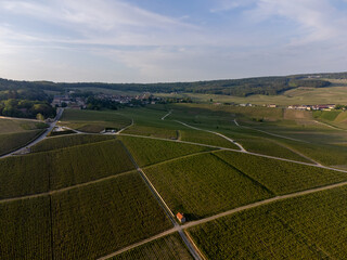 Panoramic aerial view on green premier cru champagne vineyards and fields near village Hautvillers...